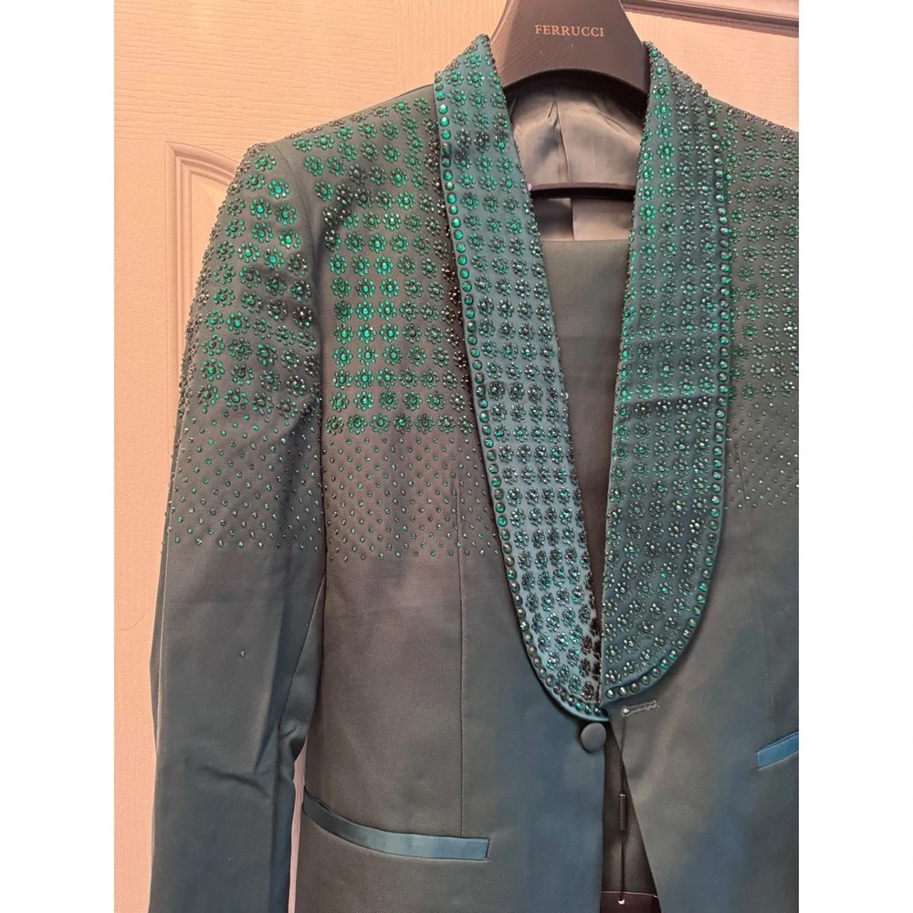 Ferrucci HT Green Beaded Tuxedo Suit Shawl Lapel Men Size 54 Jacket 48 Pants
